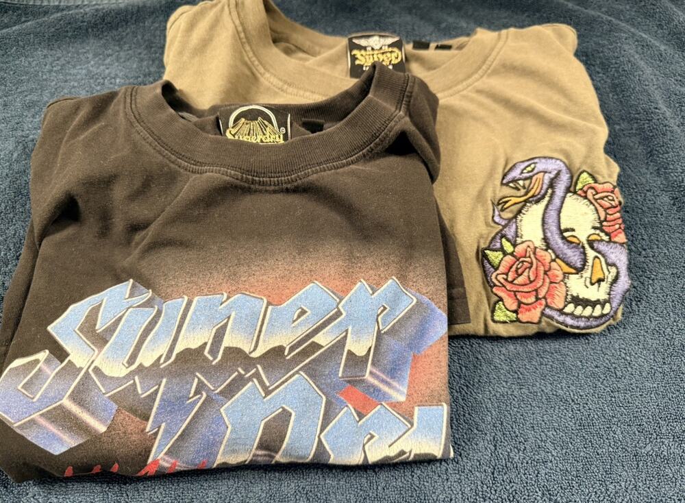 2pc Superdry High Voltage Graphic T Shirt Women’s US 12 Snake Skull Roses Tee